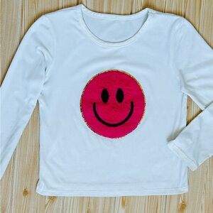 Cheerful White Long Sleeve Sweater with Pink Smiley 7 Years